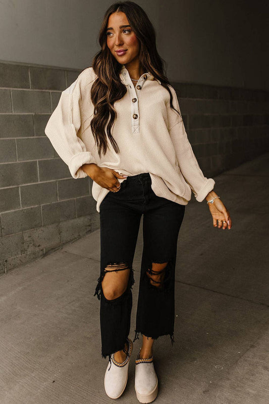 Waffle Long Sleeve Collar Half Button Loose Top